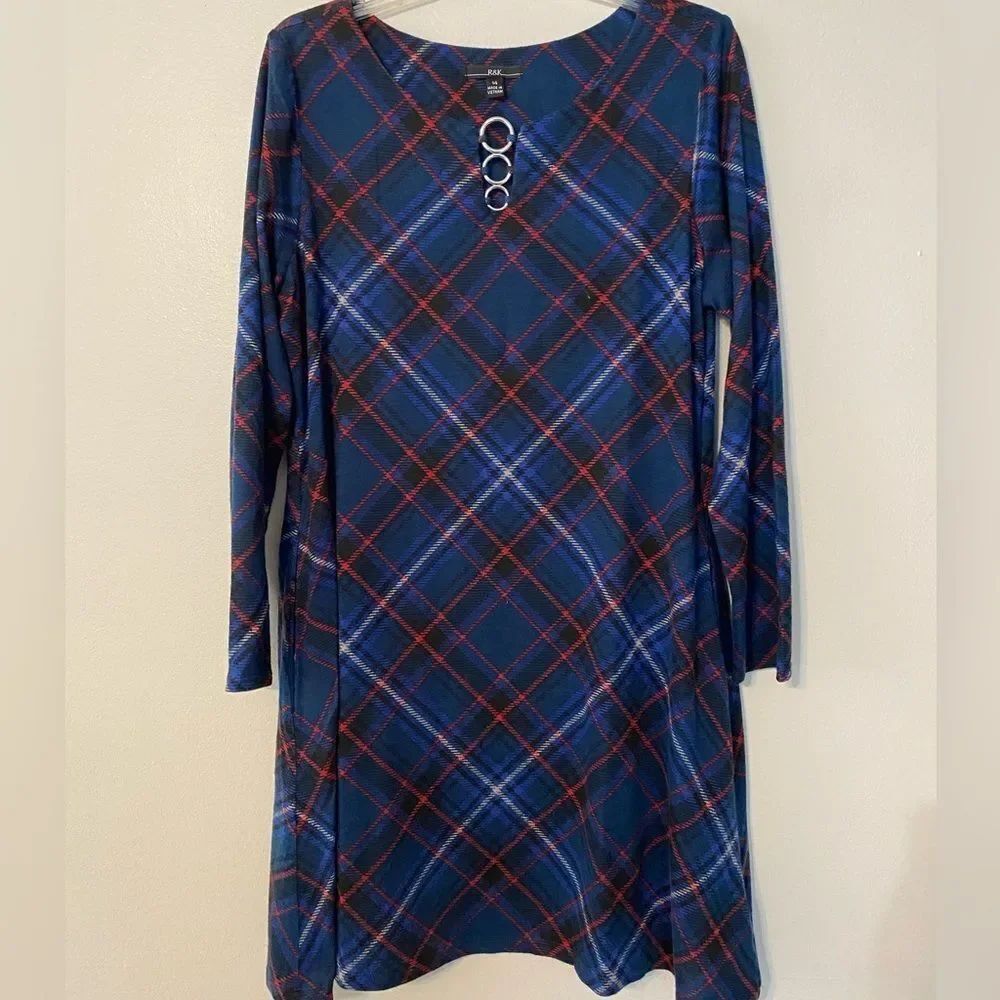 R&K Blue and Red Plaid Plus Dress with Silver Ring Accents